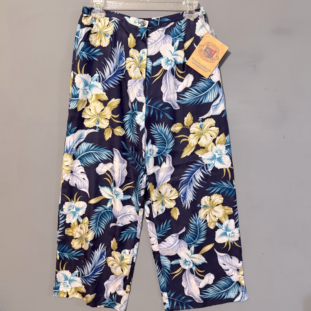 NWT 100% Silk Pusser’s West Indies Floral Print Wide-Leg Pants Blue Cream Yellow